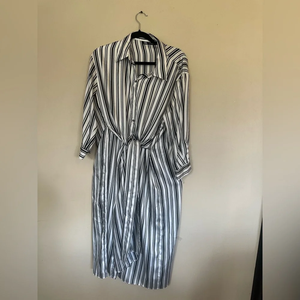 Zara White and Black Striped Shirt Dress - Picture 2 of 5